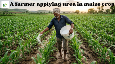 farmer applying urea in makka crop